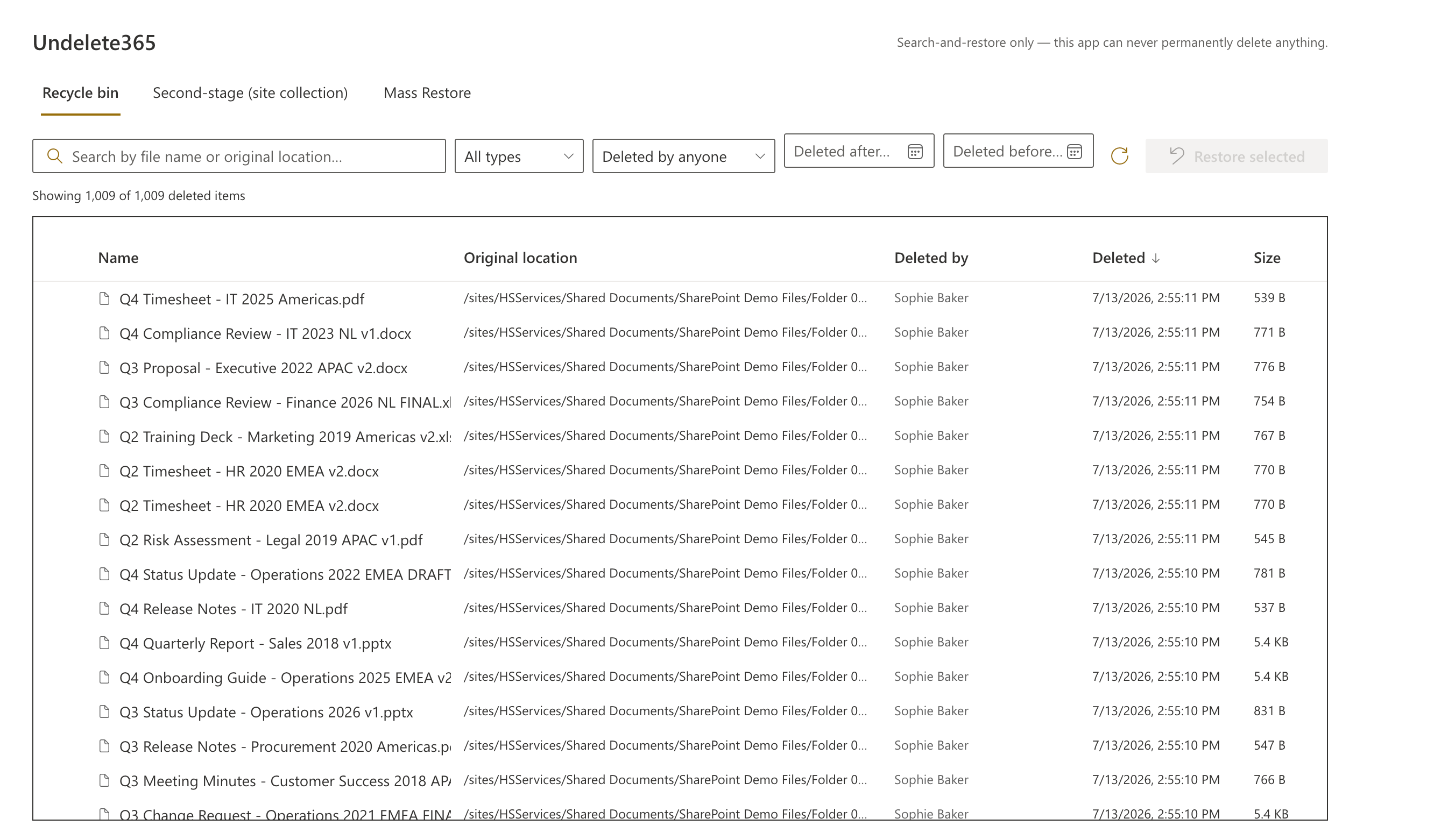 Undelete365 running in SharePoint Online: a searched, filtered recycle bin with items selected to restore.